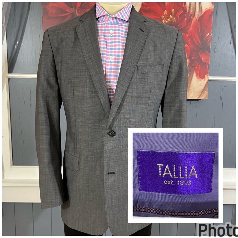 Tallia‎ Blazer Mens 44L Long Wool Suit Jacket Heathered Gray Slim Fit